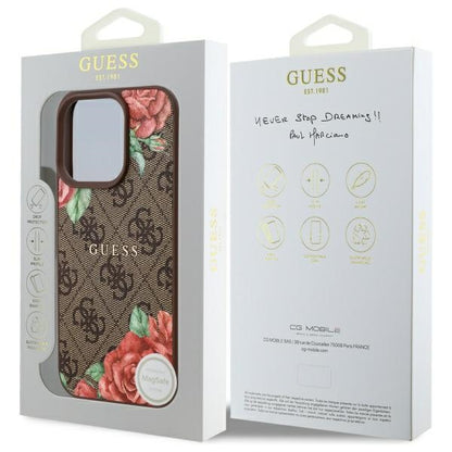 GUESS Handy Hülle 4G Flowers Print Magsafe Hard Case für iPhone 16 Pro Max Braun