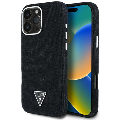 GUESS Handy Hülle Denim Triangle Logo Magsafe Case für iPhone 16 Pro Schwarz
