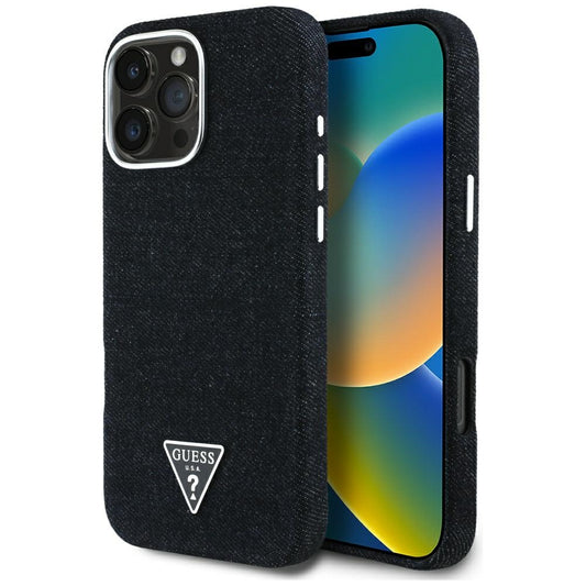 GUESS Handy Hülle Denim Triangle Logo Magsafe Case für iPhone 16 Pro Schwarz