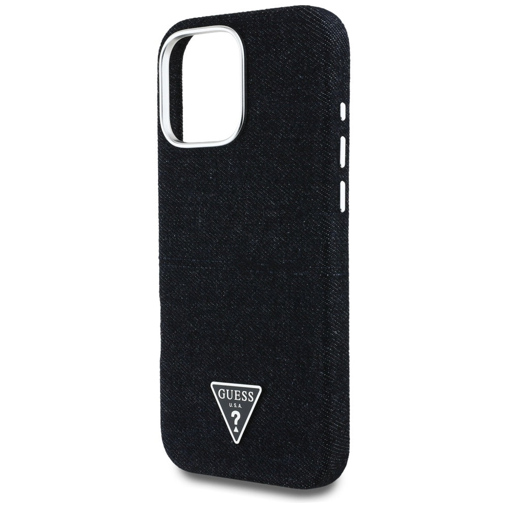 GUESS Handy Hülle Denim Triangle Logo Magsafe Case für iPhone 16 Pro Max Schwarz