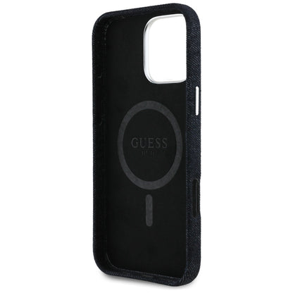 GUESS Handy Hülle Denim Triangle Logo Magsafe Case für iPhone 16 Pro Schwarz