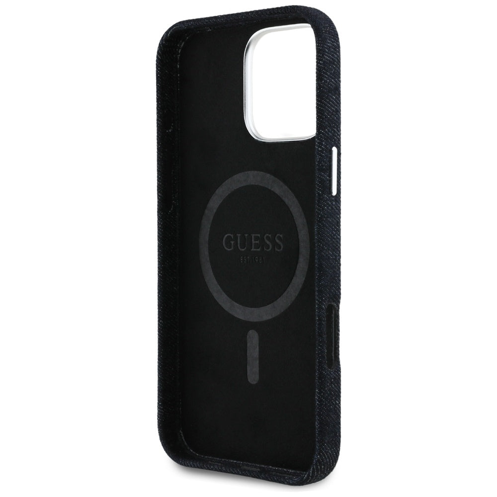 GUESS Handy Hülle Denim Triangle Logo Magsafe Case für iPhone 16 Pro Max Schwarz