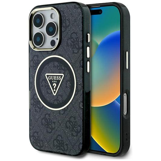 GUESS Handy Hülle IML Metall Glitzer 4G Circle Triangle Logo Magsafe Case für iPhone 16 Pro Schwarz