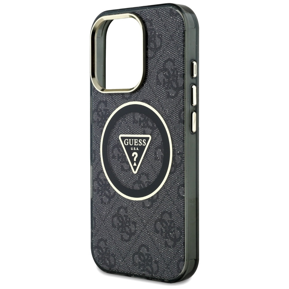GUESS Handy Hülle IML Metall Glitzer 4G Circle Triangle Logo Magsafe Case für iPhone 16 Pro Schwarz