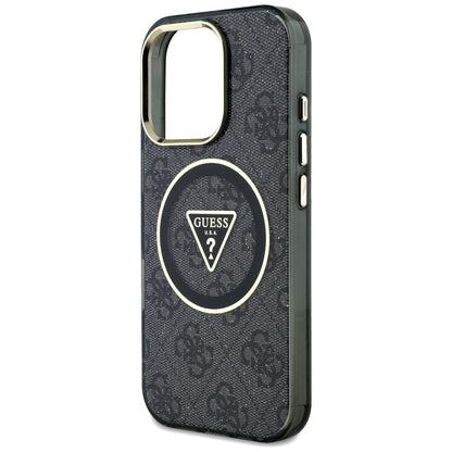 GUESS Handy Hülle IML Metall Glitzer 4G Circle Triangle Logo Magsafe Case für iPhone 16 Pro Schwarz