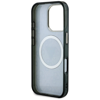 GUESS Handy Hülle IML Metall Glitzer 4G Circle Triangle Logo Magsafe Case für iPhone 16 Pro Schwarz