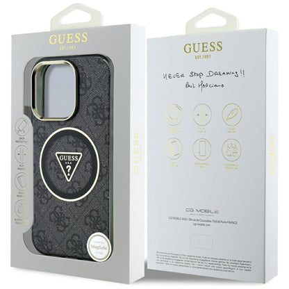 GUESS Handy Hülle IML Metall Glitzer 4G Circle Triangle Logo Magsafe Case für iPhone 16 Pro Schwarz