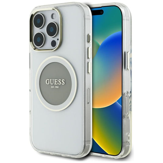 GUESS Handy Hülle IML Metall Colored Circle Classic Logo Magsafe Case für iPhone 16 Pro Weiß