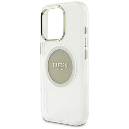 GUESS Handy Hülle IML Metall Colored Circle Classic Logo Magsafe Case für iPhone 16 Pro Max Weiß