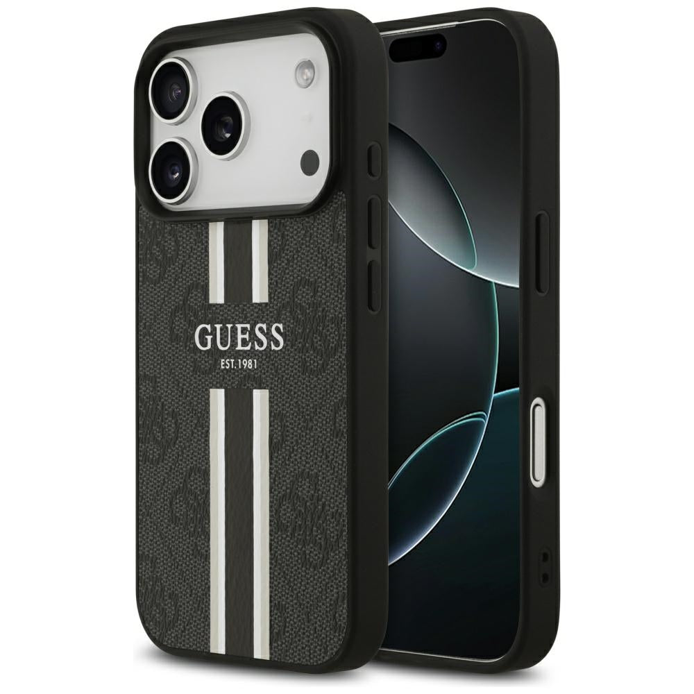 GUESS Handy Hülle Case 4G Logo Printed Stripes Magsafe für iPhone 17 Pro Schwarz
