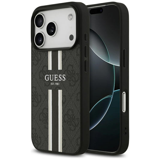 GUESS Handy Hülle Case 4G Logo Printed Stripes Magsafe für iPhone 17 Pro Schwarz