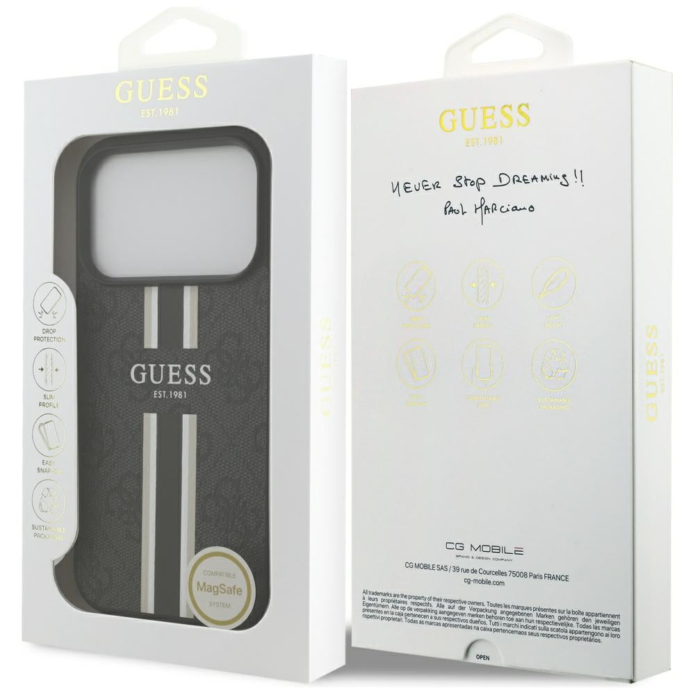 GUESS Handy Hülle Case 4G Logo Printed Stripes Magsafe für iPhone 17 Pro Schwarz