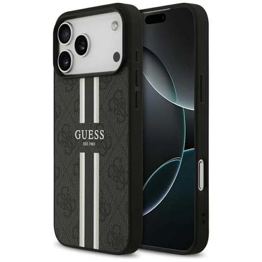 GUESS Handy Hülle Case 4G Logo Printed Stripes Magsafe für iPhone 17 Pro Max Schwarz