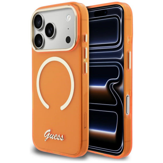 GUESS Handy Hülle IML Script Metall Magsafe Case für iPhone 17 Pro Max Orange