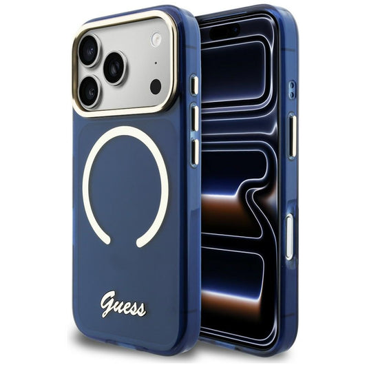 GUESS Handy Hülle IML Script Metall Magsafe Case für iPhone 17 Pro Max Blau