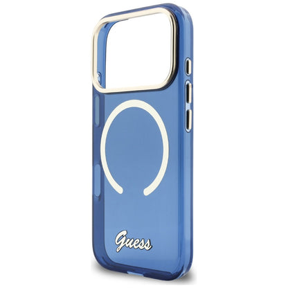 GUESS Handy Hülle IML Script Metall Magsafe Case für iPhone 17 Pro Blau