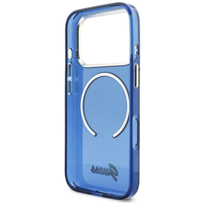 GUESS Handy Hülle IML Script Metall Magsafe Case für iPhone 17 Pro Max Blau