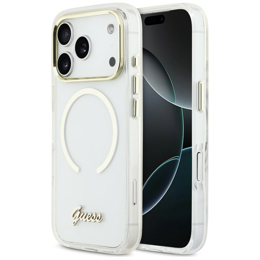 GUESS Handy Hülle IML Script Metall Magsafe Case für iPhone 17 Pro Transparent