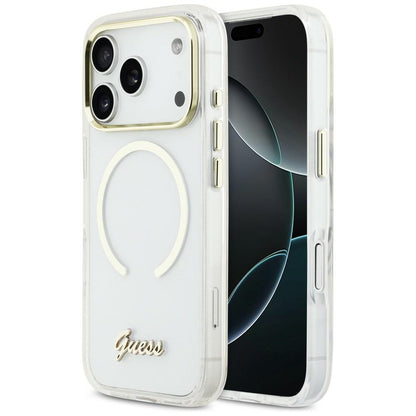 GUESS Handy Hülle IML Script Metall Magsafe Case für iPhone 17 Pro Transparent