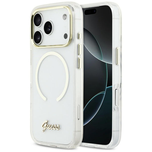 GUESS Handy Hülle IML Script Metall Magsafe Case für iPhone 17 Pro Transparent