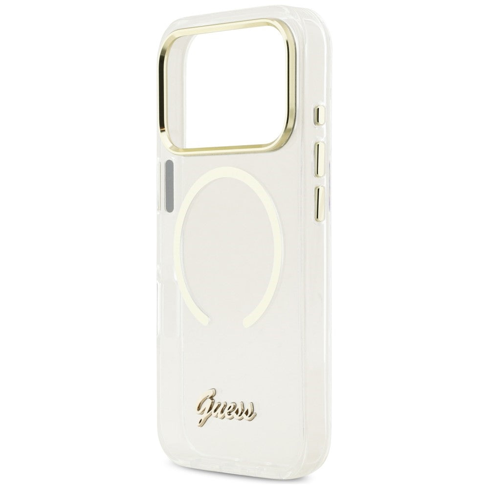 GUESS Handy Hülle IML Script Metall Magsafe Case für iPhone 17 Pro Transparent
