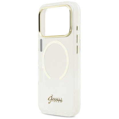 GUESS Handy Hülle IML Script Metall Magsafe Case für iPhone 17 Pro Transparent