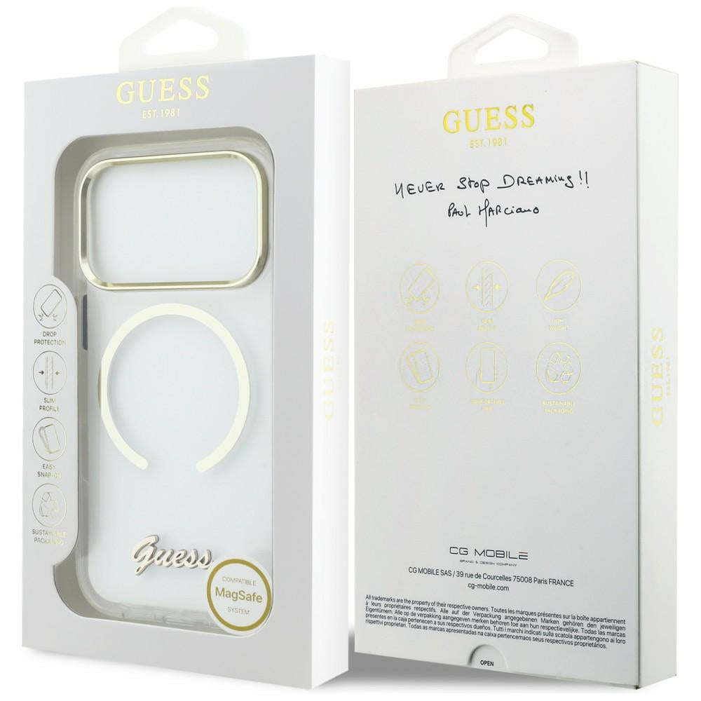 GUESS Handy Hülle IML Script Metall Magsafe Case für iPhone 17 Pro Transparent