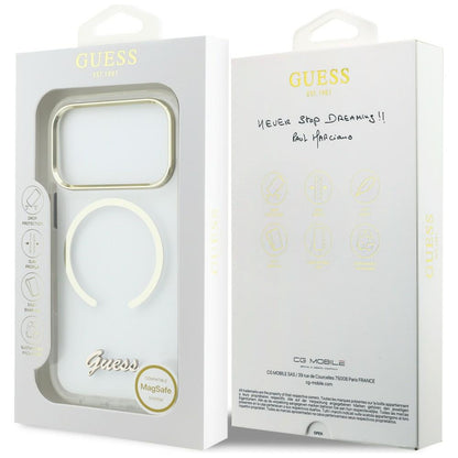 GUESS Handy Hülle IML Script Metall Magsafe Case für iPhone 17 Pro Transparent