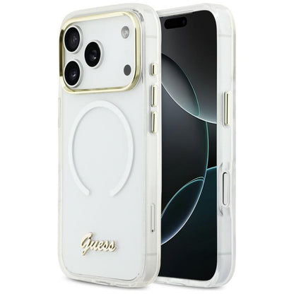 GUESS Handy Hülle IML Gradient Script Metall Magsafe Case für iPhone 17 Pro Weiß