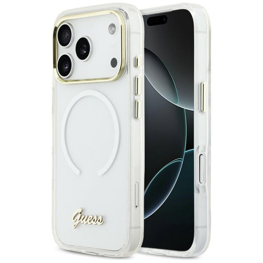 GUESS Handy Hülle IML Gradient Script Metall Magsafe Case für iPhone 17 Pro Weiß