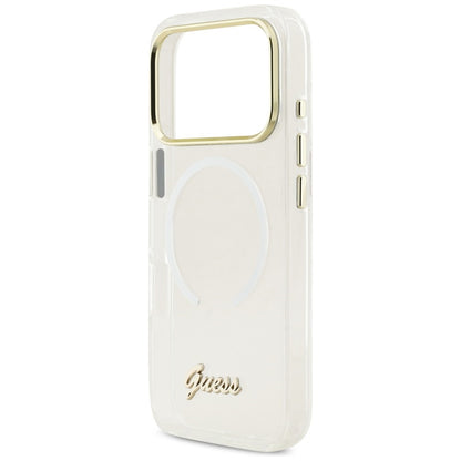 GUESS Handy Hülle IML Gradient Script Metall Magsafe Case für iPhone 17 Pro Weiß