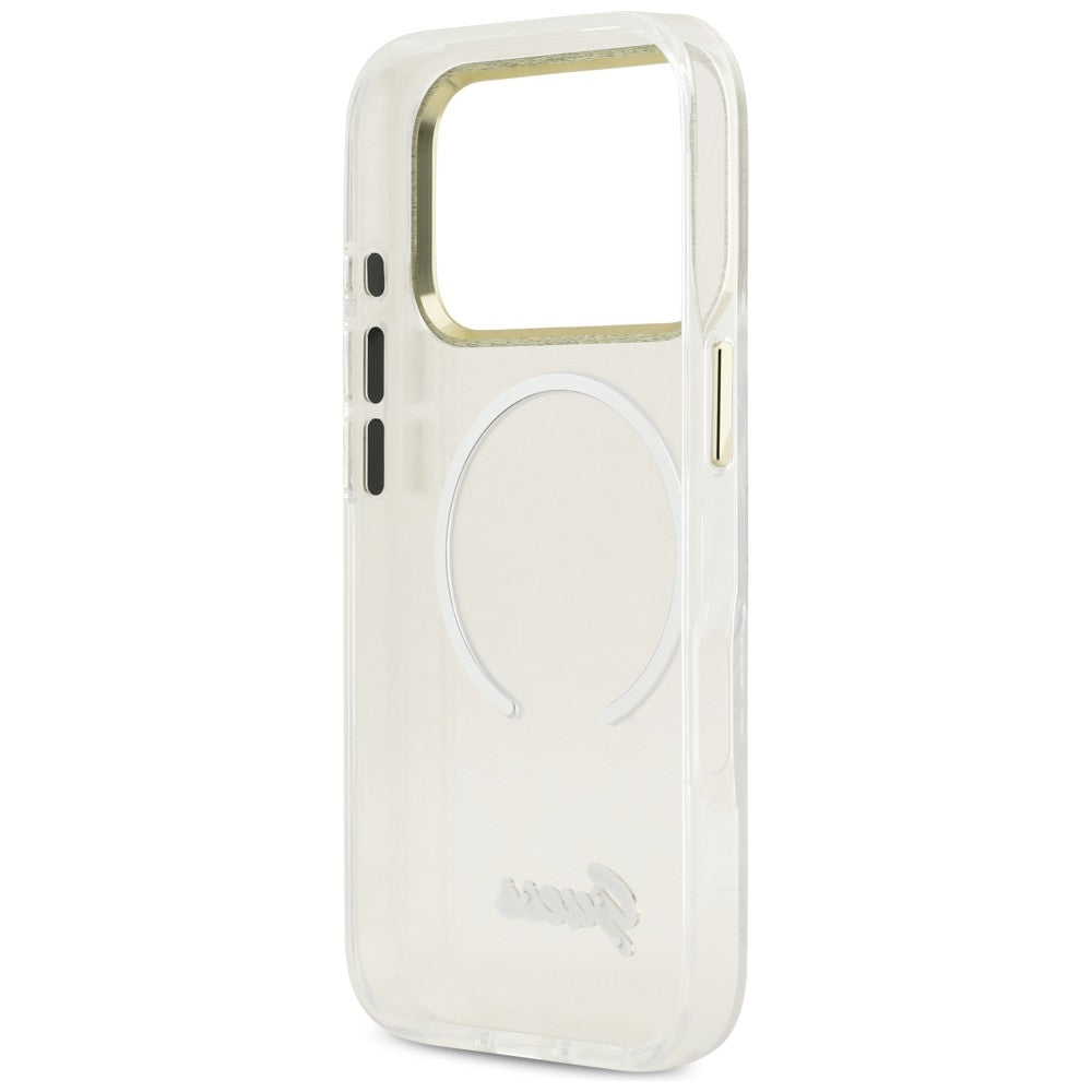 GUESS Handy Hülle IML Gradient Script Metall Magsafe Case für iPhone 17 Pro Weiß