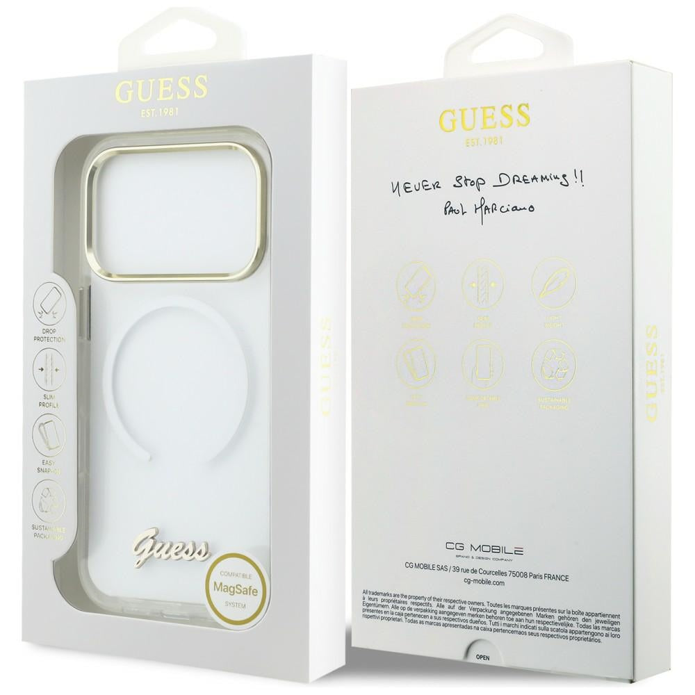 GUESS Handy Hülle IML Gradient Script Metall Magsafe Case für iPhone 17 Pro Weiß