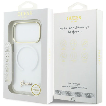 GUESS Handy Hülle IML Gradient Script Metall Magsafe Case für iPhone 17 Pro Weiß