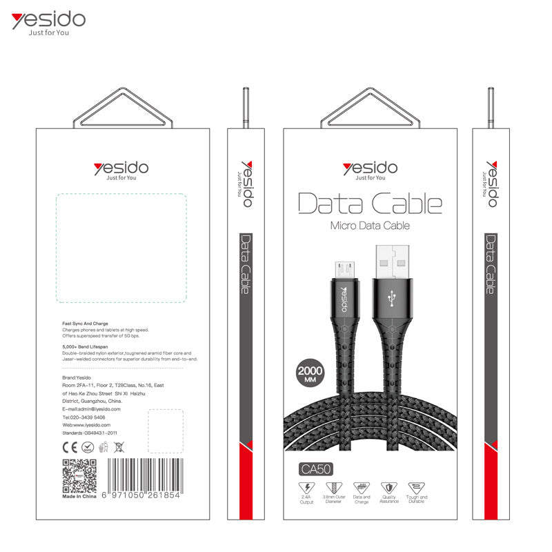 YESIDO CA50 Micro auf USB 2 Meter Ladekabel