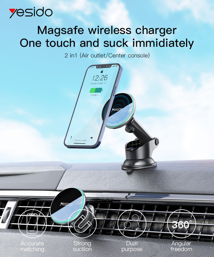 YESIDO C132 Magsafe Magnet mit Ladefunktion 2in1 Halterung mit Lüftungsclip und Saugnapf