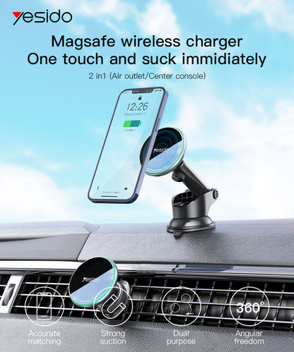 YESIDO C132 Magsafe Magnet mit Ladefunktion 2in1 Halterung mit Lüftungsclip und Saugnapf