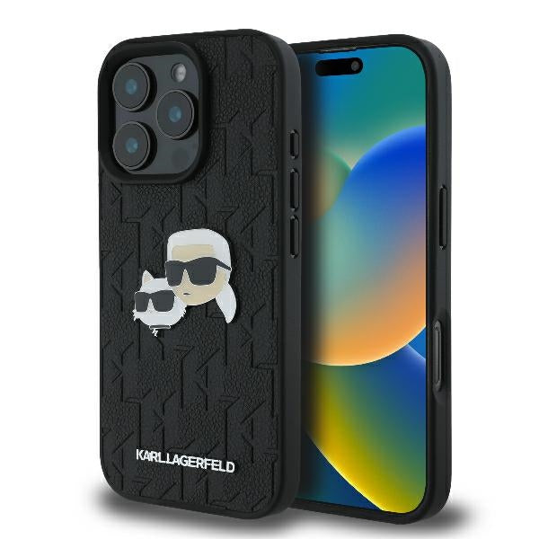 Karl Lagerfeld Handy Hülle Monogram Karl & Choupette Head Pin Hard Case für iPhone 16 Pro