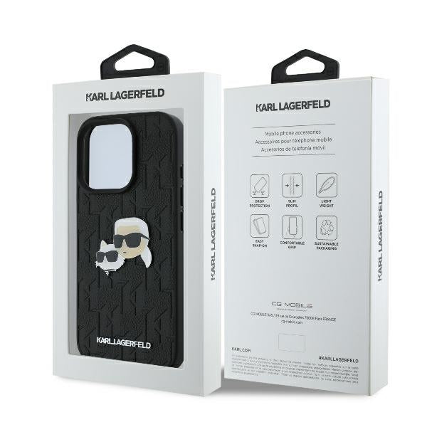 Karl Lagerfeld Handy Hülle Monogram Karl & Choupette Head Pin Hard Case für iPhone 16 Pro