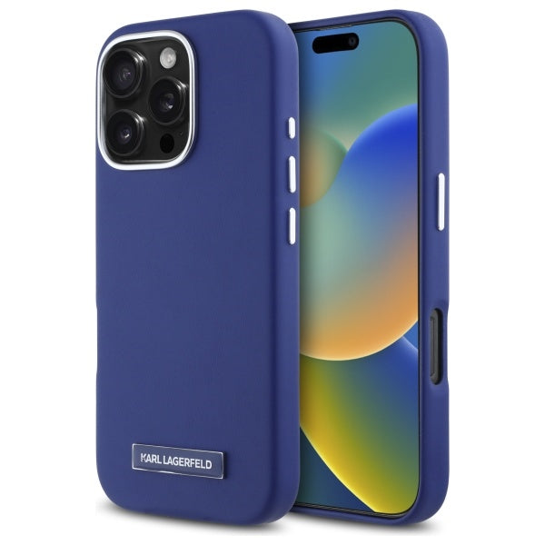 Karl Lagerfeld Handy Hülle FW Metall Plate Magsafe Hard Case für iPhone 16 Pro Max Blau