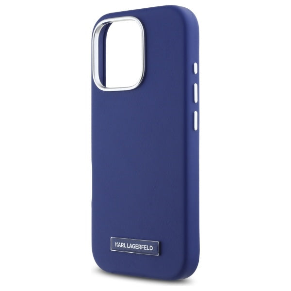 Karl Lagerfeld Handy Hülle FW Metall Plate Magsafe Hard Case für iPhone 16 Pro Max Blau