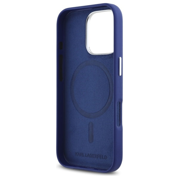 Karl Lagerfeld Handy Hülle FW Metall Plate Magsafe Hard Case für iPhone 16 Pro Max Blau