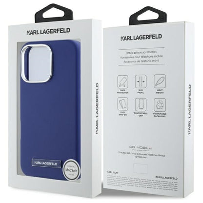 Karl Lagerfeld Handy Hülle FW Metall Plate Magsafe Hard Case für iPhone 16 Pro Max Blau
