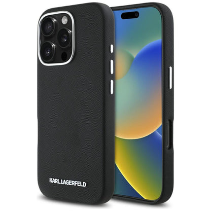 Karl Lagerfeld Handy Hülle Saffiano Full Wrapped Elongated Metall Logo Magsafe Case für iPhone 16 Pro