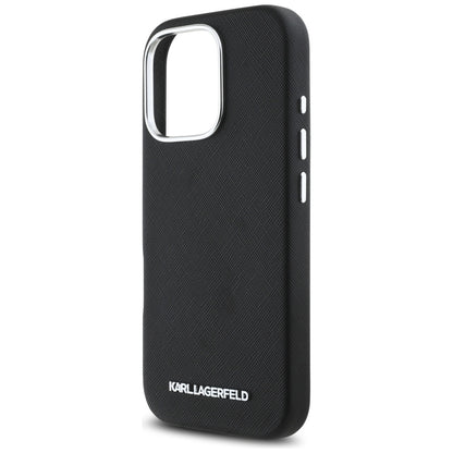 Karl Lagerfeld Handy Hülle Saffiano Full Wrapped Elongated Metall Logo Magsafe Case für iPhone 16 Pro Max
