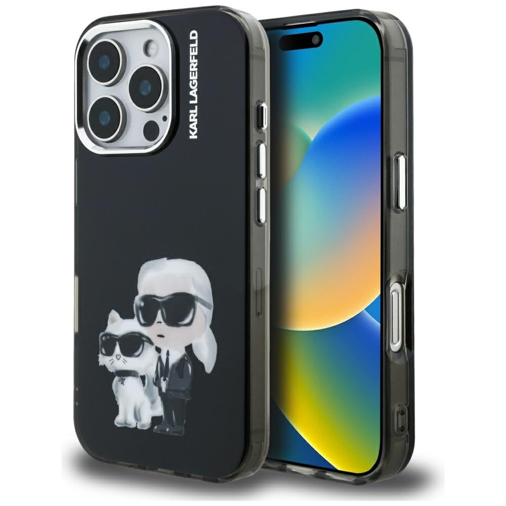 Karl Lagerfeld Handy Hülle IML Aquarelle Karl & Choupette Logo Case für iPhone 16 Pro