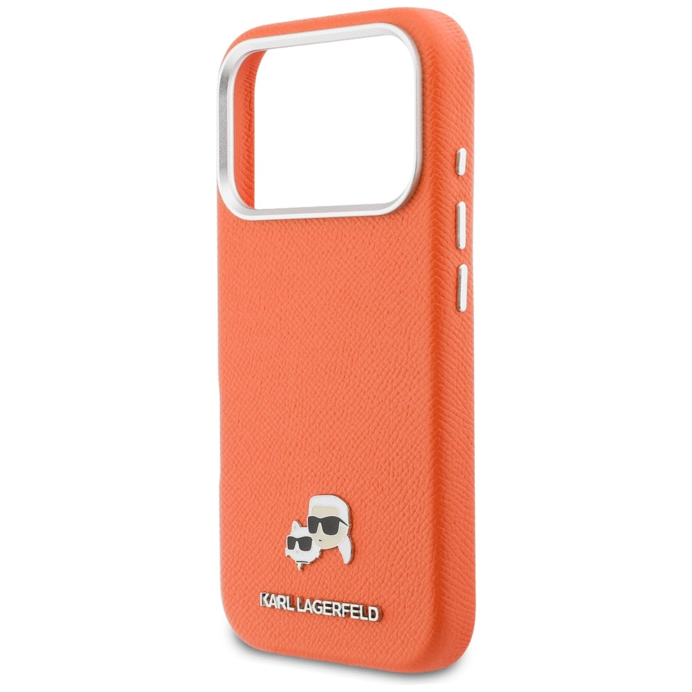 Karl Lagerfeld Handy Hülle Karl & Choupette Head Pins Saffiano Magsafe Case für iPhone 17 Pro Orange