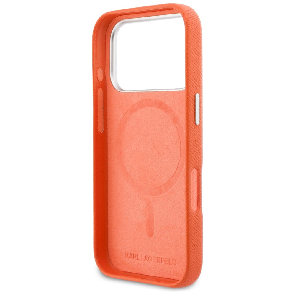 Karl Lagerfeld Handy Hülle Karl & Choupette Head Pins Saffiano Magsafe Case für iPhone 17 Pro Max Orange