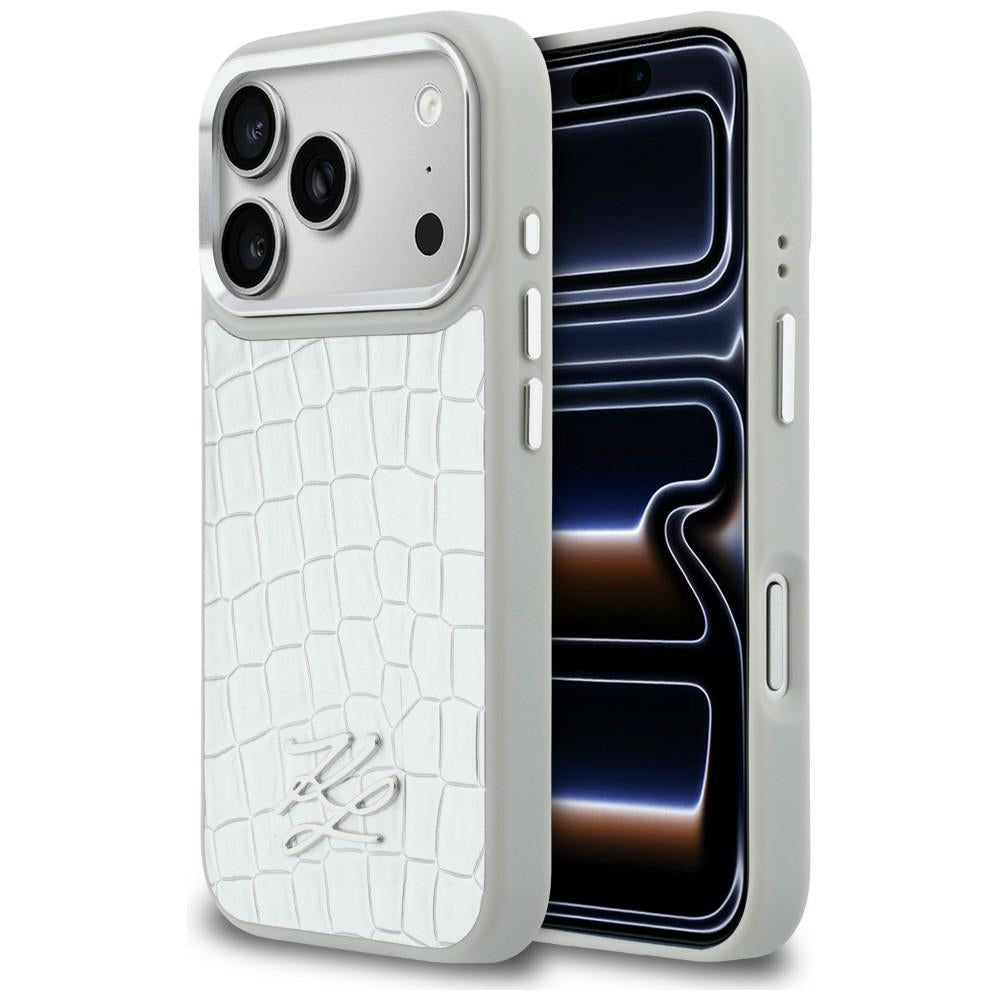 Karl Lagerfeld Handy Hülle Croco KL Script Logo Magsafe Case für iPhone 17 Pro Weiß