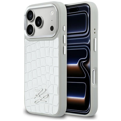Karl Lagerfeld Handy Hülle Croco KL Script Logo Magsafe Case für iPhone 17 Pro Weiß